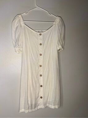 White Button-Front Puff Sleeve Mini Dress